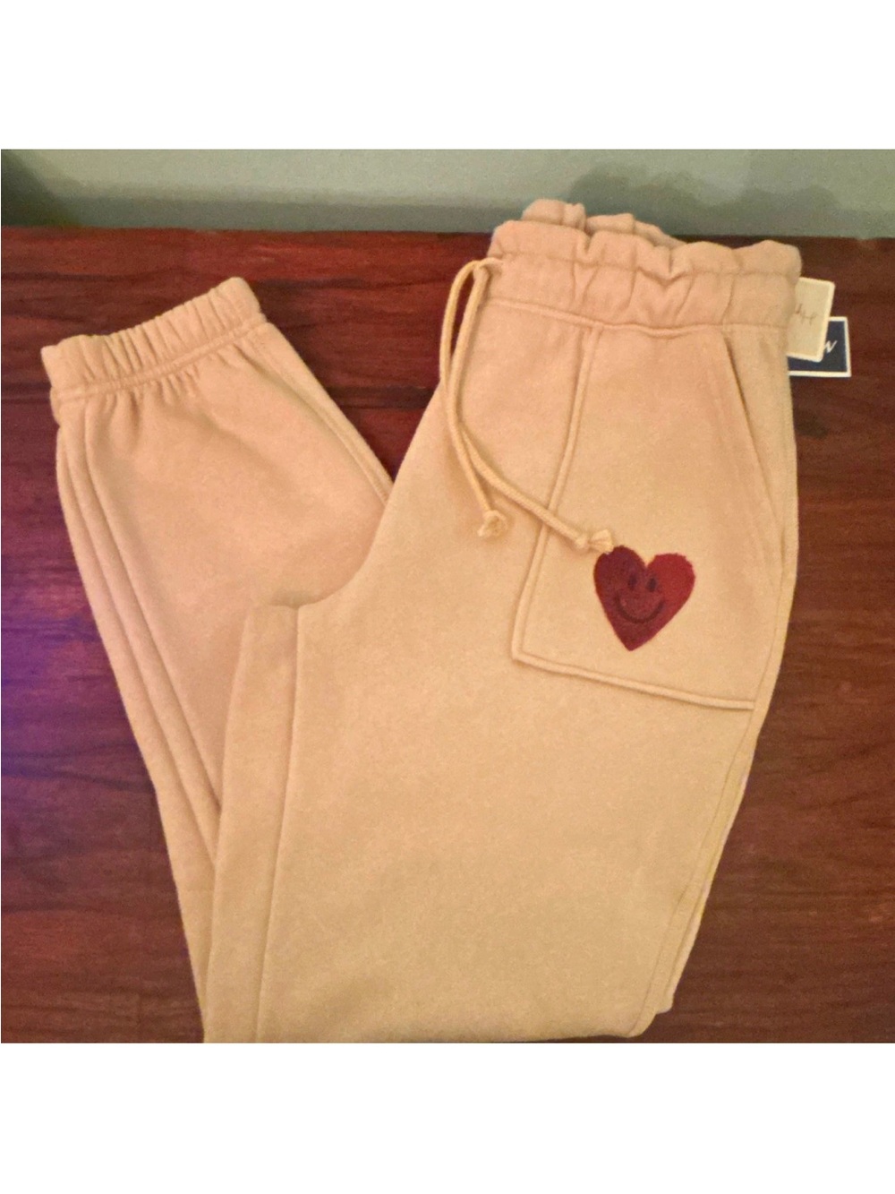 Hippie Rose Tan Joggers with Red Heart Patch Women’s Large New